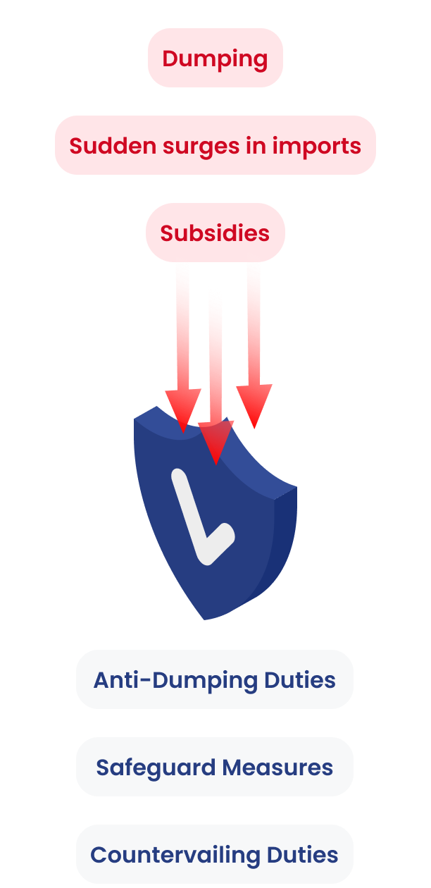 Dumping, Sudden surges in imports, Subsidies, Anti-Dumping Duties, Safeguard Measures, Countervailing Duties