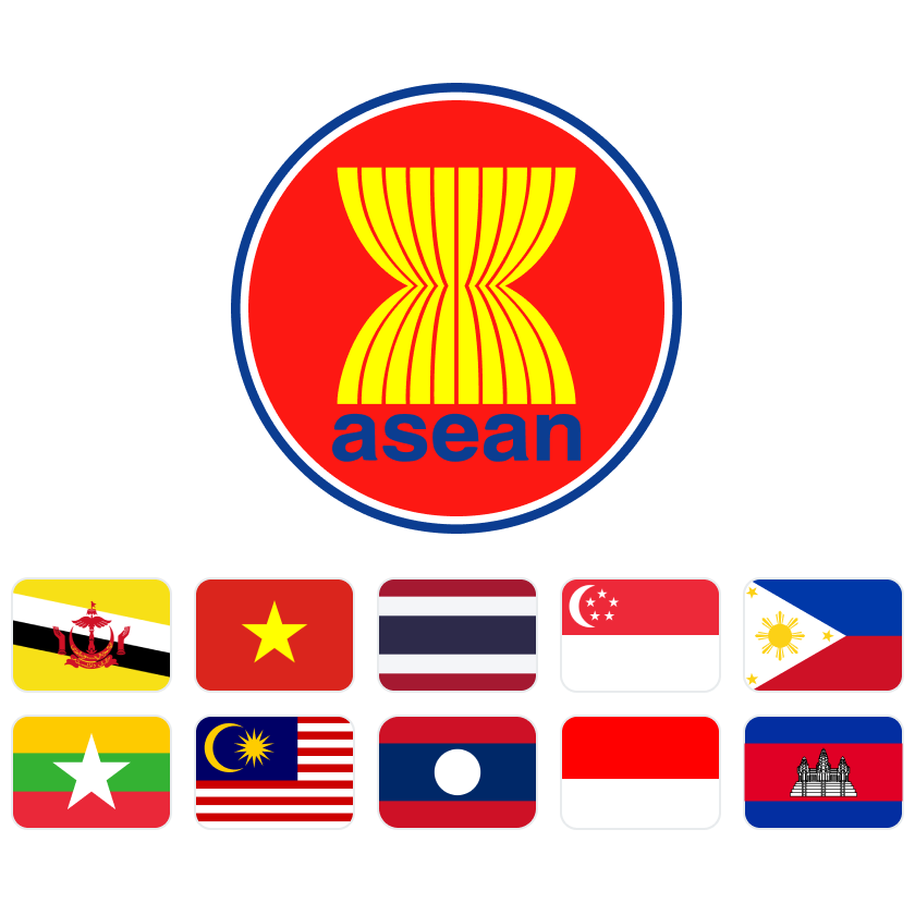 Flag ASEAN, Flag Brunei, Flag Vietnam, Flag Thailand, Flag Singapore, Flag Philippines, Flag Myanmar, Flag Malaysia, Flag loas