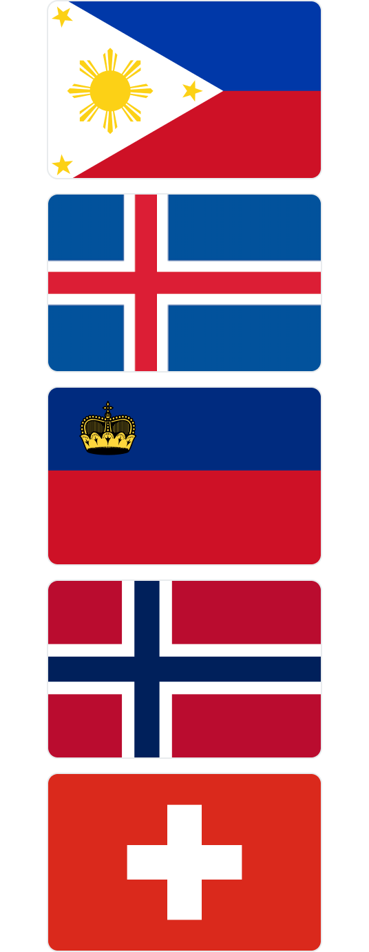 Flag Philippines, Flag Iceland, Flag Liechtenstein, Flag Norway, Flag Switzerland