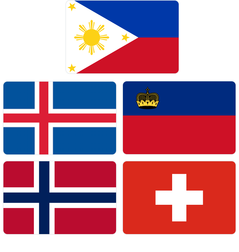 Flag Philippines, Flag Iceland, Flag Liechtenstein, Flag Norway, Flag Switzerland