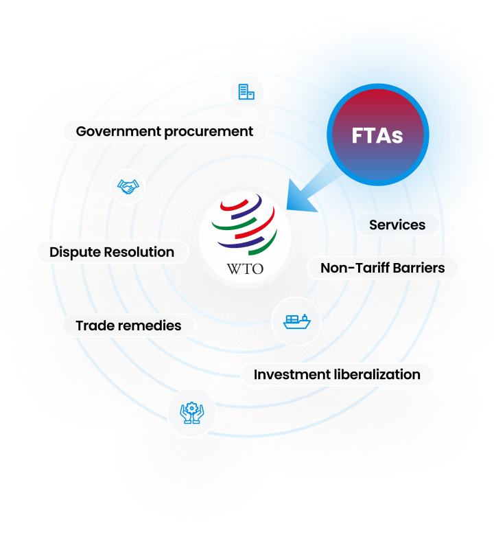 WTO : 1.FTAs, 2.services, 3.Non-Tariff Barriers, 4.investment liberalization, 5.trade remedies, 6.Dispute Resolution, 7.government procurement