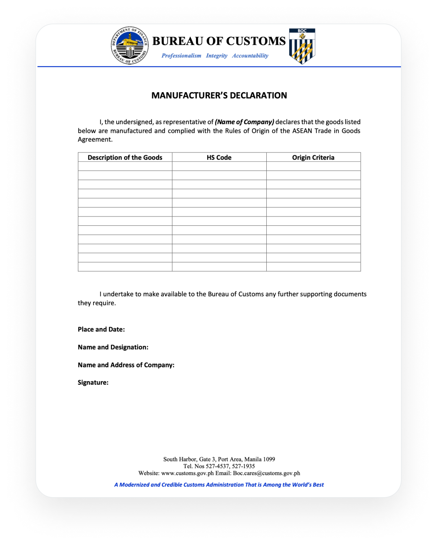 BUREAU OF CUSTOMS Document image